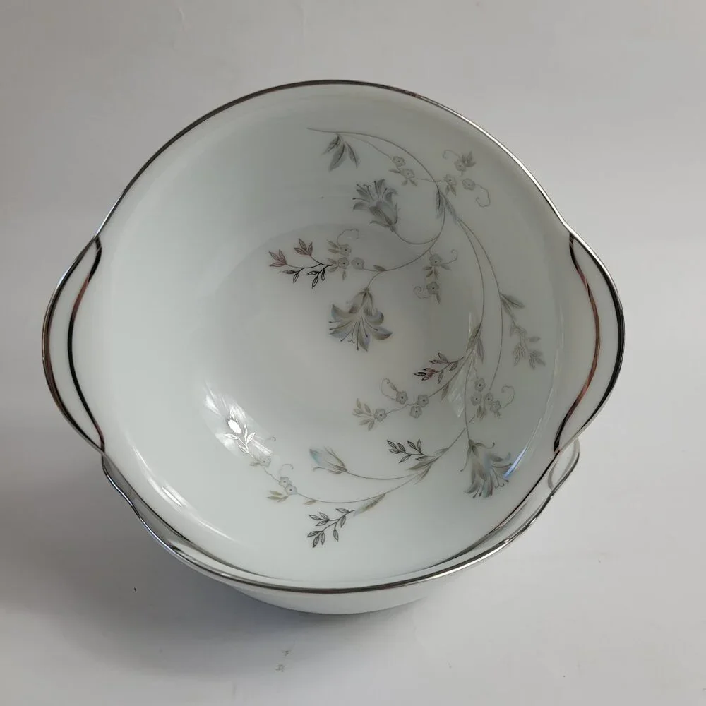 Noritake Valerie Lugged Soup Bowls Blue Gray Floral Platinum Trim #5812